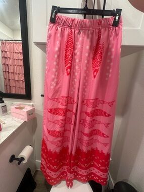 Pink Printed Flowy Pants with Red Fish Pattern